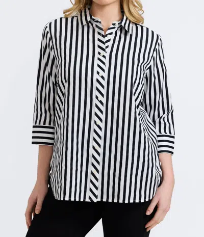 FOXCROFT MEGHAN 3/4 SLEEVE SHIRT IN BLACK STRIPE