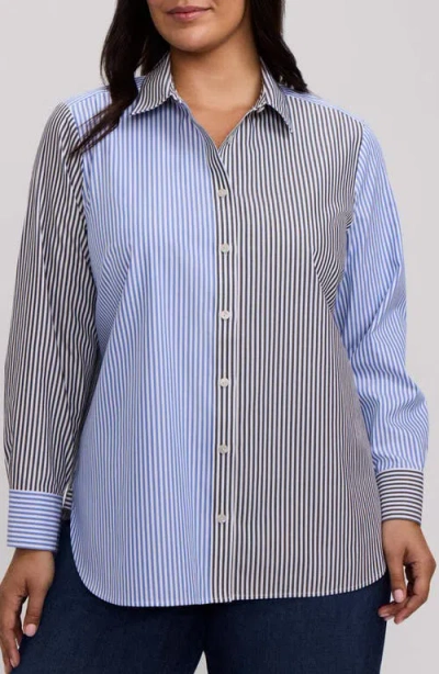 Foxcroft Meghan Colorblock Stripe Cotton Button-up Shirt In Blue