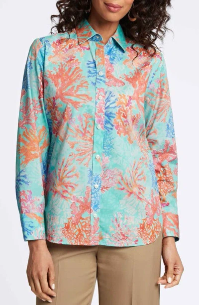 Foxcroft Meghan Coral Print Cotton Button-up Shirt In Blue Multi