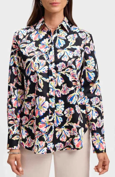 Foxcroft Meghan Floral Print Cotton Button-up Shirt In Black Multi