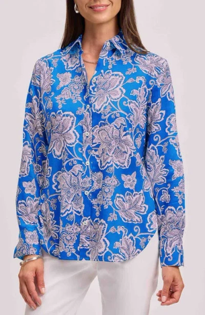 Foxcroft Meghan Floral Print Cotton Button-up Shirt In Cobalt Blue