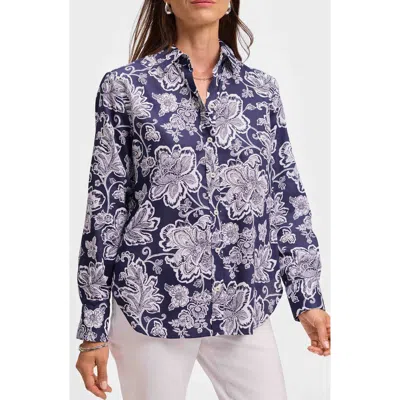 Foxcroft Meghan Floral Print Cotton Button-up Shirt In Navy/white