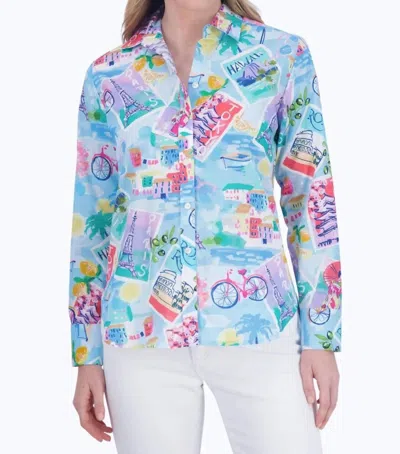 Foxcroft Meghan Long Sleeve Shirt In Travel Conversational In Blue