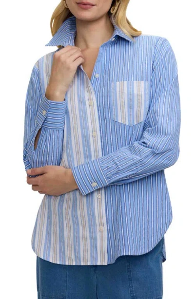 Foxcroft Meghan Mix Stripe Seersucker Button-up Top In Blue