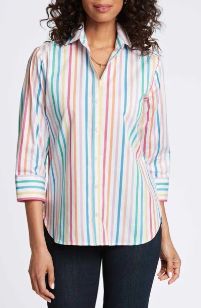 Foxcroft Meghan Rainbow Stripe Button-up Shirt In White Multi Stripe