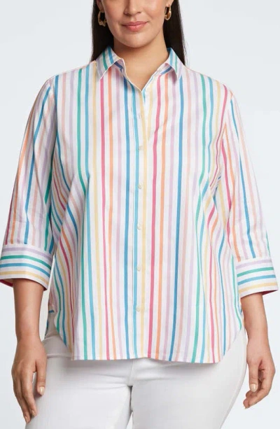 Foxcroft Meghan Rainbow Stripe Cotton Button-up Shirt In White Multi Stripe
