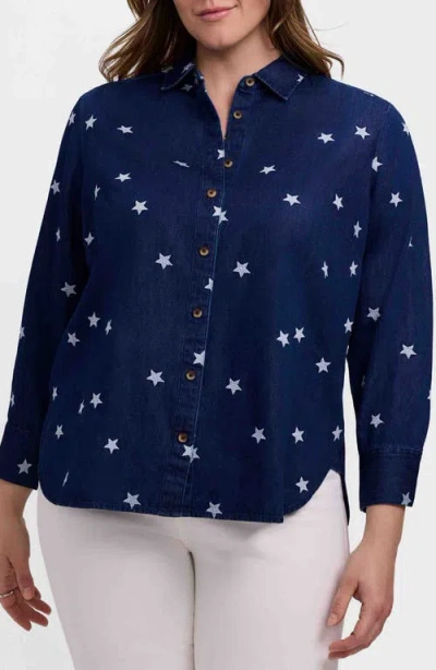 Foxcroft Meghan Star Embroidered Denim Button-up Shirt In Blue