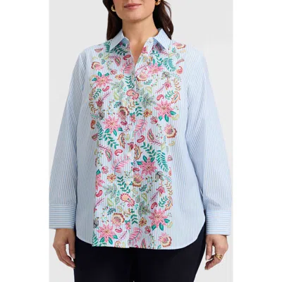 Foxcroft Meghan Stripe Floral Embroidered Cotton Button-up Shirt In Ivory Multi