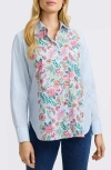 Foxcroft Meghan Stripe Floral Embroidered Cotton Button-up Shirt In Multi