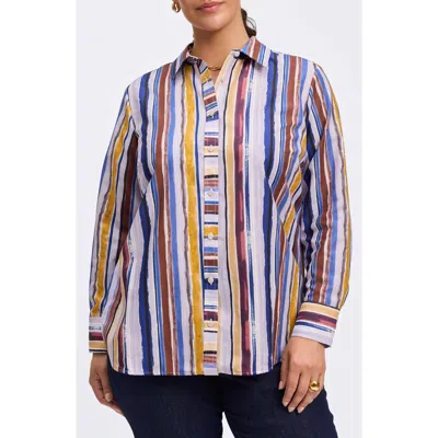 Foxcroft Meghan Watercolor Stripe Cotton Button-up Shirt In Blue Stripe