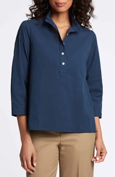 Foxcroft Mia Cotton Blend Seersucker Popover Top In Navy