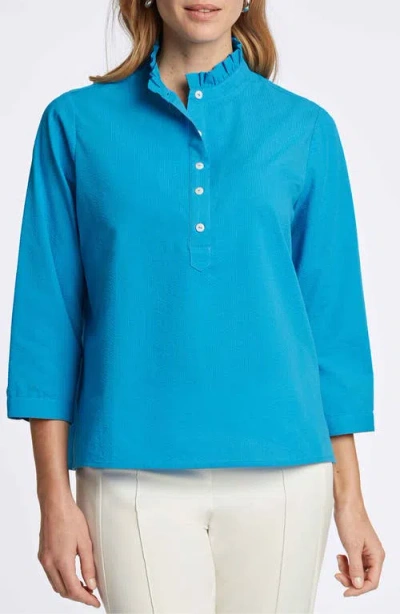 Foxcroft Mia Cotton Blend Seersucker Popover Top In True Blue