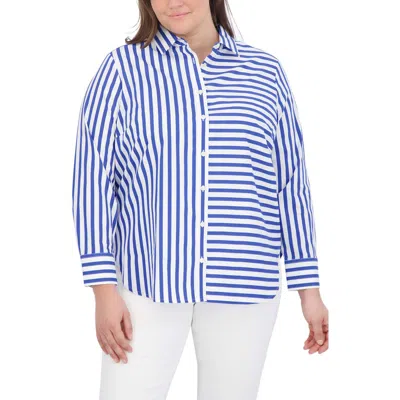 Foxcroft Mixed Stripe Cotton Sateen Button-up Shirt In Blue/white