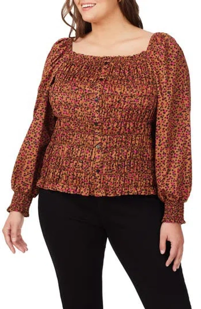 Foxcroft Olivia Cheetah Print Smocked Top In Black/orange Multi