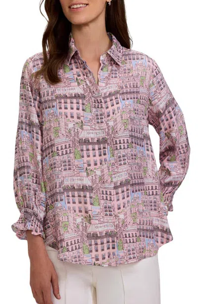 Foxcroft Olivia City Of Paris Print Three-quarter Sleeve Shirt In Pink/multi