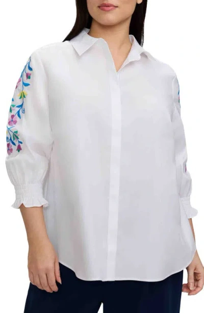 Foxcroft Olivia Embroidered Sleeve Stretch Cotton Blend Button-up Shirt In White