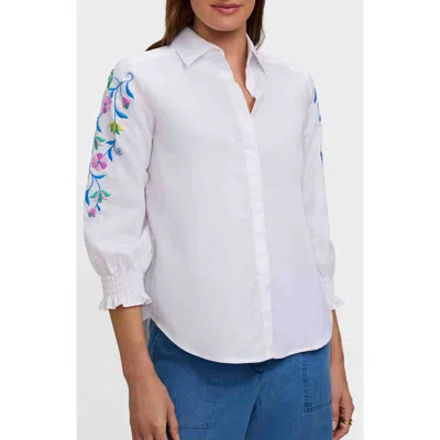 Foxcroft Olivia Embroidered Sleeve Stretch Cotton Blend Button-up Shirt In White