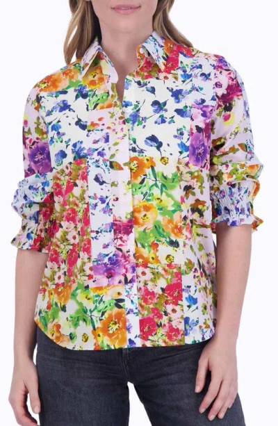 Foxcroft Olivia Floral Ruffle Sleeve Button-up Shirt In Blue/ Yellow Multi