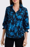 Foxcroft Olivia Floral Smocked Cuff Cotton Button-up Shirt In Blue