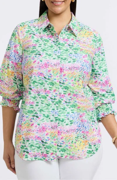 Foxcroft Olivia Floral Smocked Cuff Linen Blend Button-up Shirt In Ivory Multi