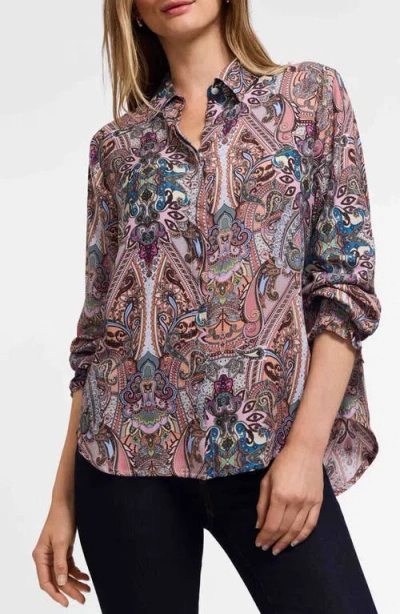 Foxcroft Olivia Paisley Print Smocked Cuff Button-up Shirt In Multi