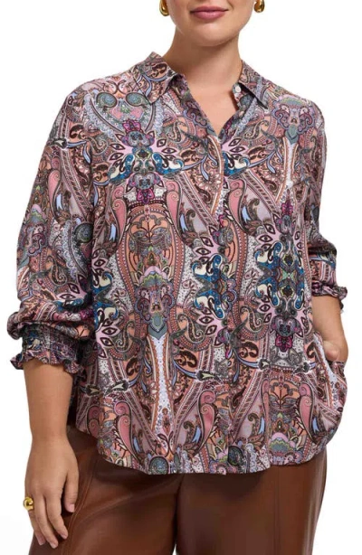 Foxcroft Olivia Paisley Smocked Cuff Button-up Shirt In Gold