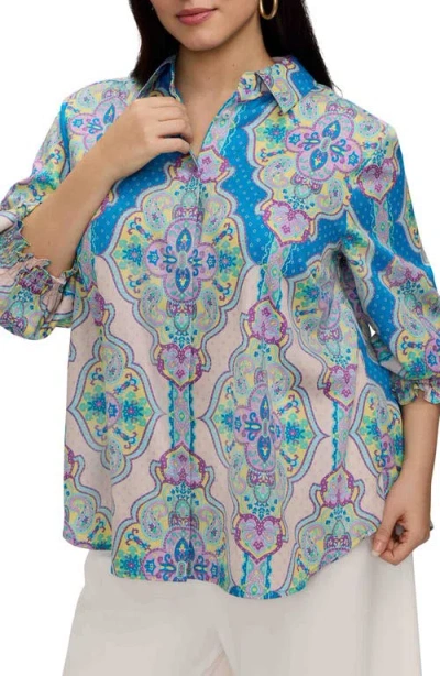 Foxcroft Olivia Paisley Smocked Cuff Cotton Button-up Shirt In Multi