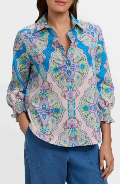Foxcroft Olivia Paisley Smocked Cuff Linen Blend Button-up Shirt In Blue