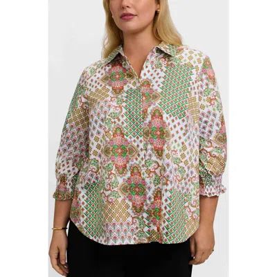 Foxcroft Olivia Patchwork Print Smocked Cuff Cotton Button-up Shirt In Multi