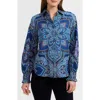 Foxcroft Olivia Printed Smocked Cuff Cotton Button-up Shirt