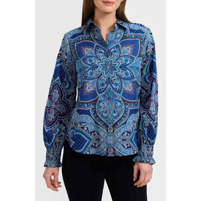 FOXCROFT FOXCROFT OLIVIA PRINTED SMOCKED CUFF COTTON BUTTON-UP SHIRT