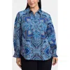 Foxcroft Olivia Printed Smocked Cuff Cotton Button-up Shirt In Blue
