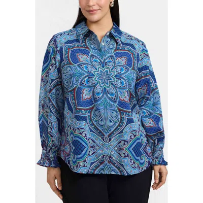Foxcroft Olivia Printed Smocked Cuff Cotton Button-up Shirt In Blue