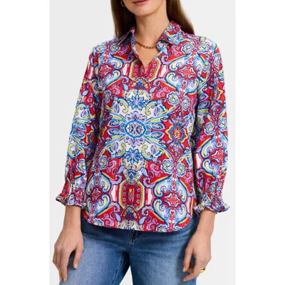 Foxcroft Olivia Smocked Cuff Cotton Shirt In Red/multi