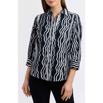 Foxcroft Paityn Braid Print Three-quarter Sleeve Cotton Button-up Shirt In Black