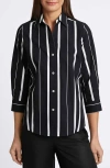Foxcroft Paityn Stripe Three-quarter Sleeve Cotton Button-up Shirt In Black/white