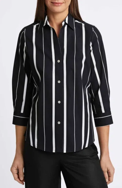 Foxcroft Paityn Stripe Three-quarter Sleeve Cotton Button-up Shirt In Black/white