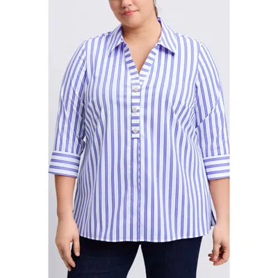 Foxcroft Pamela Stripe Cotton Blend Tunic Shirt In Lapis/ White