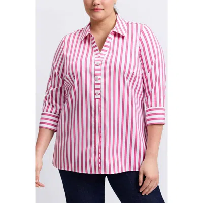 Foxcroft Pamela Stripe Cotton Blend Tunic Shirt In Ruby Pink/white