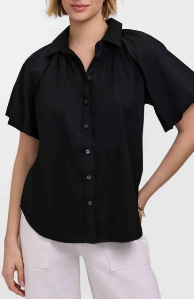 Foxcroft Paula Puff Sleeve Cotton Blend Button-up Shirt In Black