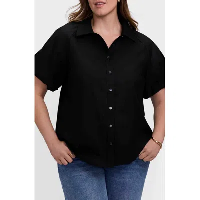 Foxcroft Paula Puff Sleeve Cotton Blend Button-up Shirt In Black