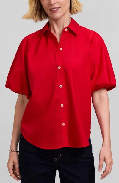 Foxcroft Paula Puff Sleeve Cotton Blend Button-up Shirt In Simply Red