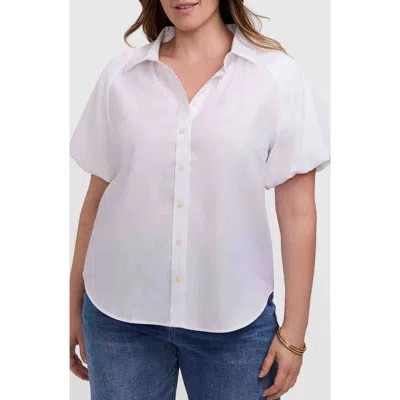 Foxcroft Paula Puff Sleeve Cotton Blend Button-up Shirt In White