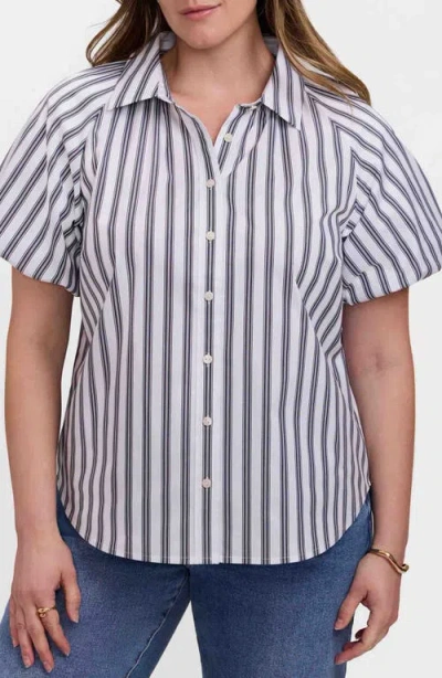 Foxcroft Paula Stripe Puff Sleeve Cotton Blend Button-up Shirt In Blue