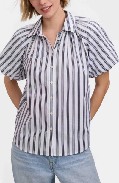 Foxcroft Paula Stripe Puff Sleeve Cotton Blend Button-up Shirt In Multi