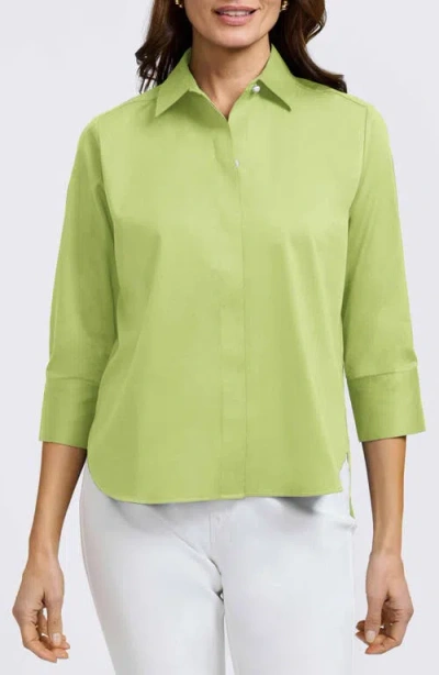 Foxcroft Pearl Three-quarter Sleeve Button-up Shirt In Chartreuse