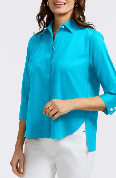 Foxcroft Pearl Three-quarter Sleeve Button-up Shirt In Ibiza Turq