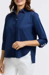 Foxcroft Pearl Three-quarter Sleeve Button-up Shirt In Navy