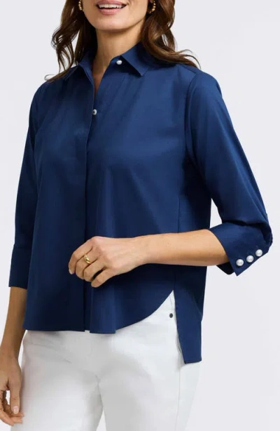 Foxcroft Pearl Three-quarter Sleeve Button-up Shirt In Navy
