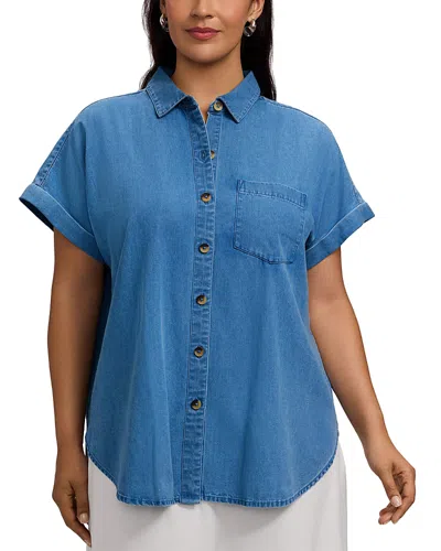 Foxcroft Plus Abigail Short Sleeve Denim Shirt In Blue